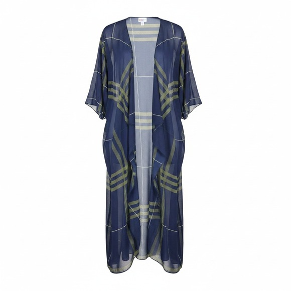 LuLaRoe Sweaters - LuLaRoe Shirley Kimono Womens S Blue Green Plaid Sheer Chiffon Duster Cardigan